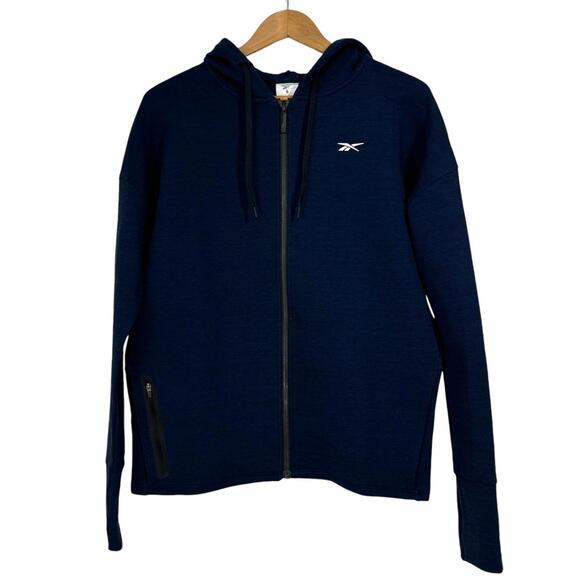 Reebok Women’s Size Small Navy Blue Doubleknit Full Zip Hooded Active Jacket - Picture 1 of 9